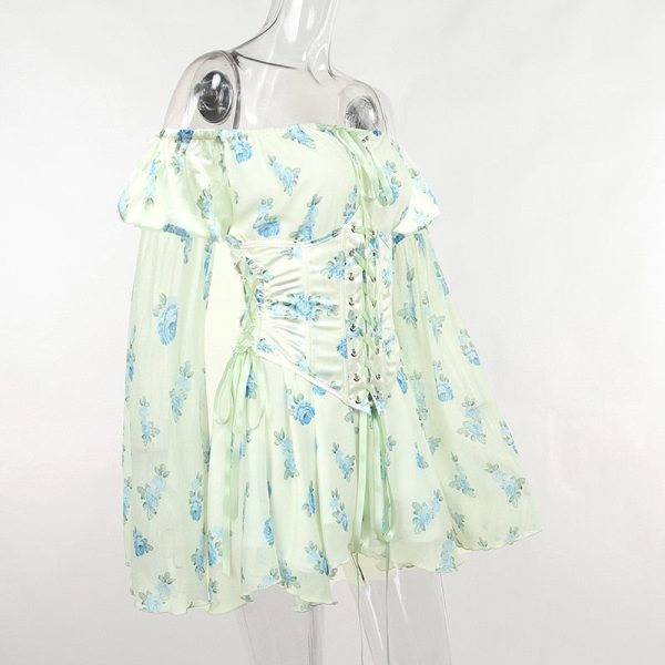 Floral Print Mesh Off Shoulder Long Sleeve Mini Dress With Corset Floral Print Mesh Off Shoulder Long Sleeve Mini Dress With Corset