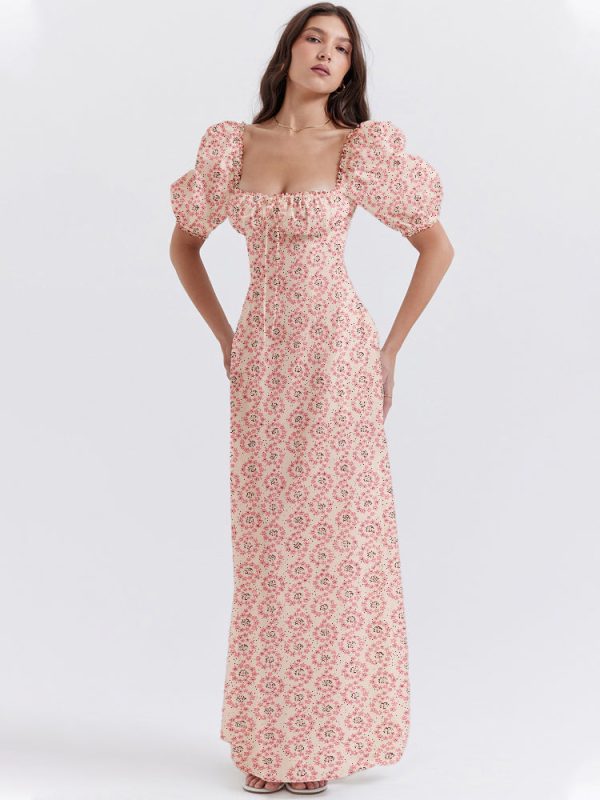 Floral Print Square Neckline Puff Sleeves Maxi Dress Floral Print Square Neckline Puff Sleeves Maxi Dress