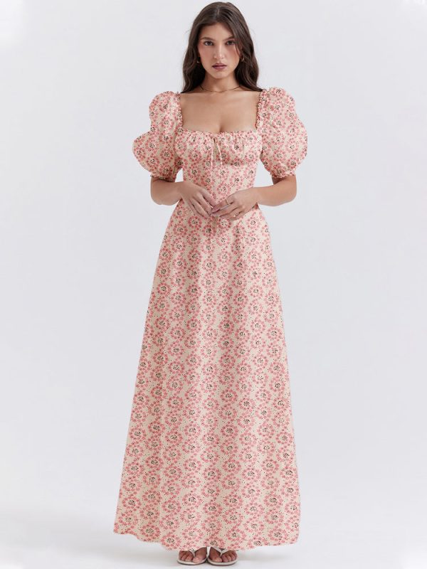 Floral Print Square Neckline Puff Sleeves Maxi Dress Floral Print Square Neckline Puff Sleeves Maxi Dress