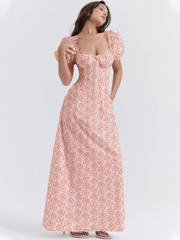 Floral Print Square Neckline Puff Sleeves Maxi Dress Floral Print Square Neckline Puff Sleeves Maxi Dress