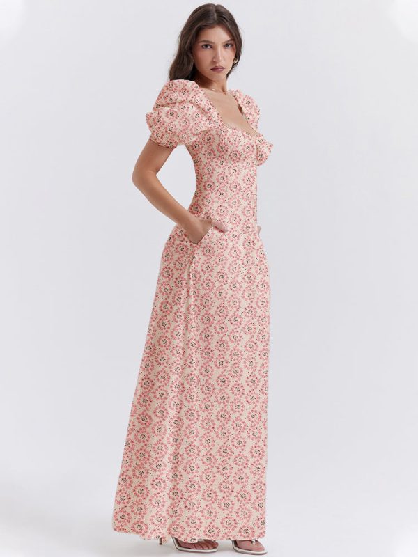 Floral Print Square Neckline Puff Sleeves Maxi Dress Floral Print Square Neckline Puff Sleeves Maxi Dress