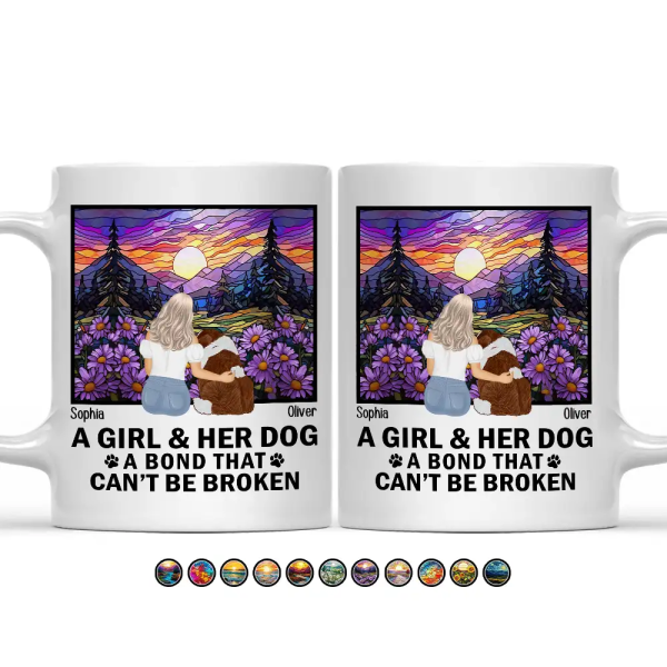Flower Field A Girl And Her Dog And Cat - Personalized Mug Flower Field A Girl And Her Dog And Cat - Personalized Mug