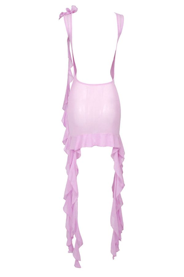 Flowy Ruffle Strap Rosette Corsage Backless Sheer Mesh Mini Dress - Pink Flowy Ruffle Strap Rosette Corsage Backless Sheer Mesh Mini Dress - Pink