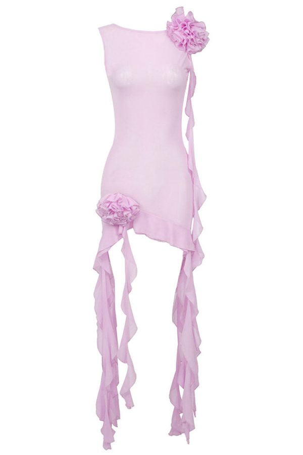 Flowy Ruffle Strap Rosette Corsage Backless Sheer Mesh Mini Dress - Pink Flowy Ruffle Strap Rosette Corsage Backless Sheer Mesh Mini Dress - Pink