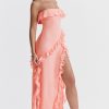 Fluttering Frill Trim Strapless High Split Draped Ruffle Maxi Dress - Pink Fluttering Frill Trim Strapless High Split Draped Ruffle Maxi Dress - Pink