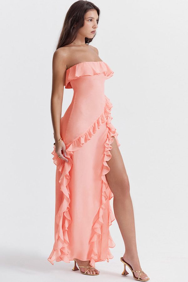 Fluttering Frill Trim Strapless High Split Draped Ruffle Maxi Dress - Pink Fluttering Frill Trim Strapless High Split Draped Ruffle Maxi Dress - Pink