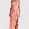Fluttering Frill Trim Strapless High Split Draped Ruffle Maxi Dress - Pink Fluttering Frill Trim Strapless High Split Draped Ruffle Maxi Dress - Pink