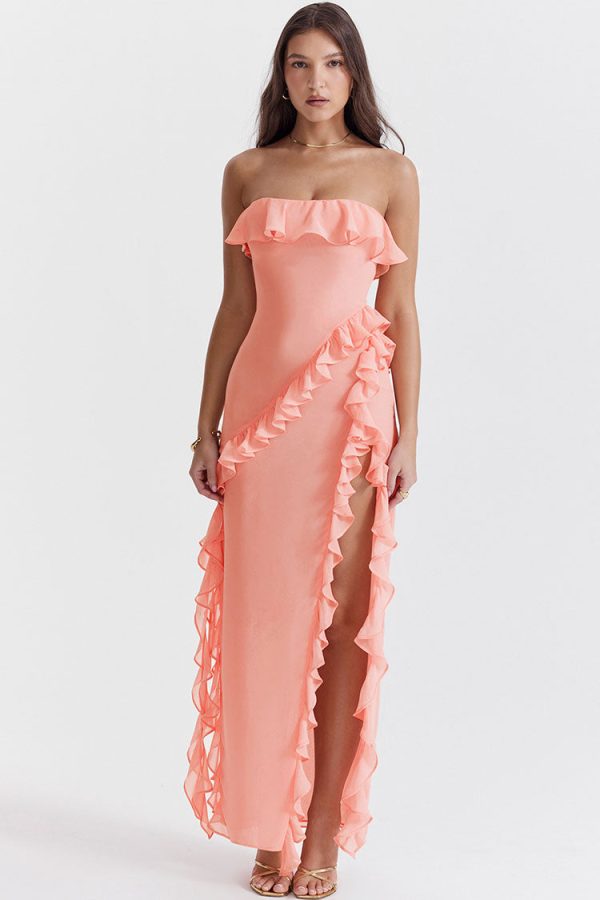 Fluttering Frill Trim Strapless High Split Draped Ruffle Maxi Dress - Pink Fluttering Frill Trim Strapless High Split Draped Ruffle Maxi Dress - Pink
