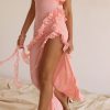 Fluttering Frill Trim Strapless High Split Draped Ruffle Maxi Dress - Pink Fluttering Frill Trim Strapless High Split Draped Ruffle Maxi Dress - Pink