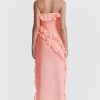 Fluttering Frill Trim Strapless High Split Draped Ruffle Maxi Dress - Pink Fluttering Frill Trim Strapless High Split Draped Ruffle Maxi Dress - Pink