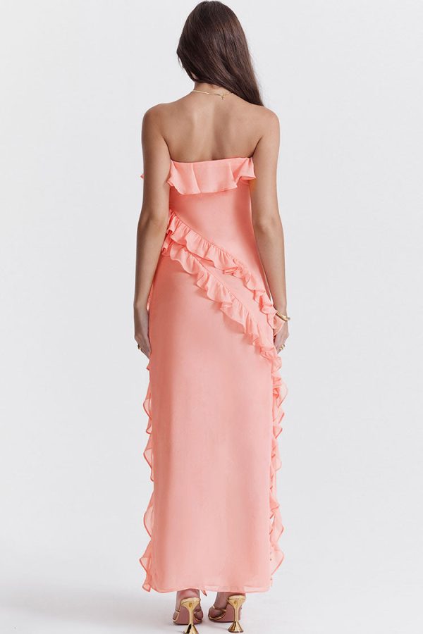 Fluttering Frill Trim Strapless High Split Draped Ruffle Maxi Dress - Pink Fluttering Frill Trim Strapless High Split Draped Ruffle Maxi Dress - Pink