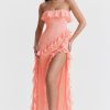 Fluttering Frill Trim Strapless High Split Draped Ruffle Maxi Dress - Pink Fluttering Frill Trim Strapless High Split Draped Ruffle Maxi Dress - Pink