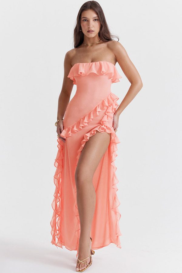 Fluttering Frill Trim Strapless High Split Draped Ruffle Maxi Dress - Pink Fluttering Frill Trim Strapless High Split Draped Ruffle Maxi Dress - Pink