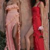 Fluttering Frill Trim Strapless High Split Draped Ruffle Maxi Dress - Pink Fluttering Frill Trim Strapless High Split Draped Ruffle Maxi Dress - Pink