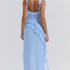 Fluttering Sweetheart Sleeveless High Split Draped Ruffle Maxi Dress - Blue