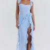 Fluttering Sweetheart Sleeveless High Split Draped Ruffle Maxi Dress - Blue