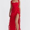 Fluttering Sweetheart Sleeveless High Split Draped Ruffle Maxi Dress - Red Fluttering Sweetheart Sleeveless High Split Draped Ruffle Maxi Dress - Red