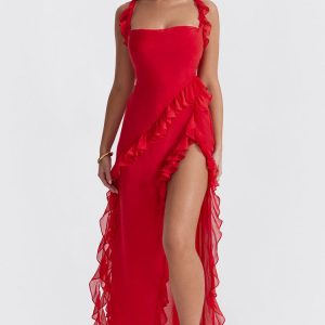 Fluttering Sweetheart Sleeveless High Split Draped Ruffle Maxi Dress - Red