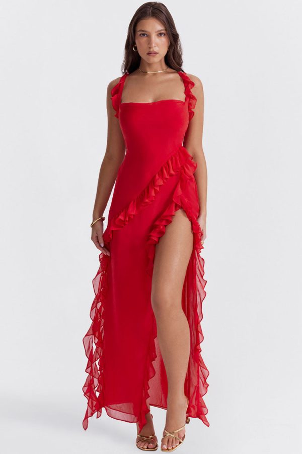 Fluttering Sweetheart Sleeveless High Split Draped Ruffle Maxi Dress - Red Fluttering Sweetheart Sleeveless High Split Draped Ruffle Maxi Dress - Red