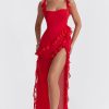 Fluttering Sweetheart Sleeveless High Split Draped Ruffle Maxi Dress - Red Fluttering Sweetheart Sleeveless High Split Draped Ruffle Maxi Dress - Red