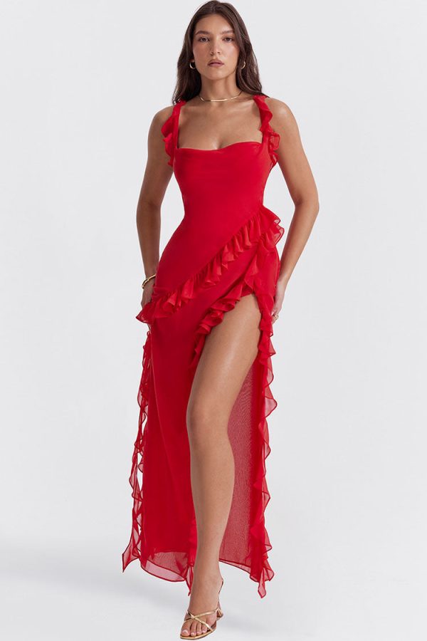 Fluttering Sweetheart Sleeveless High Split Draped Ruffle Maxi Dress - Red Fluttering Sweetheart Sleeveless High Split Draped Ruffle Maxi Dress - Red