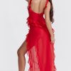 Fluttering Sweetheart Sleeveless High Split Draped Ruffle Maxi Dress - Red Fluttering Sweetheart Sleeveless High Split Draped Ruffle Maxi Dress - Red