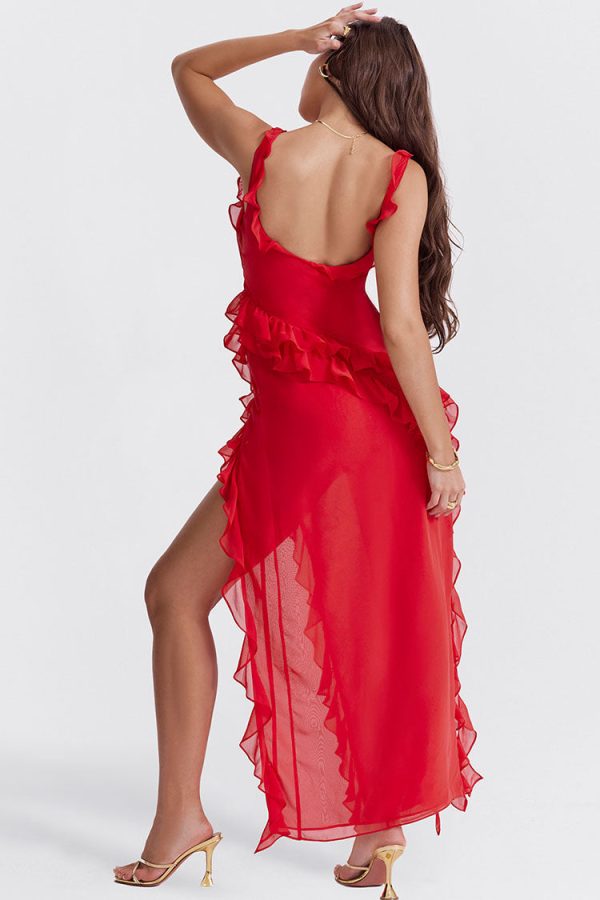 Fluttering Sweetheart Sleeveless High Split Draped Ruffle Maxi Dress - Red Fluttering Sweetheart Sleeveless High Split Draped Ruffle Maxi Dress - Red