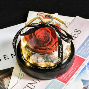 Forever Preserved Rose in Heart Glass Dome with LED Light for Valentine and Special Occasions