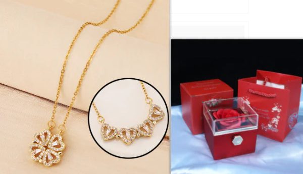 Four-Leaf Clover & Heart Necklace Gift Set - Dainty Gold Jewelry Four-Leaf Clover & Heart Necklace Gift Set - Dainty Gold Jewelry