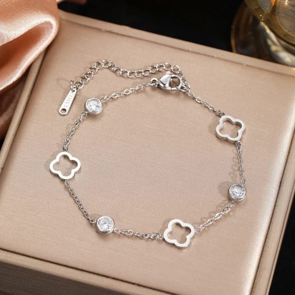 Four Leaf Clover Zircon Stainless Steel Bracelet