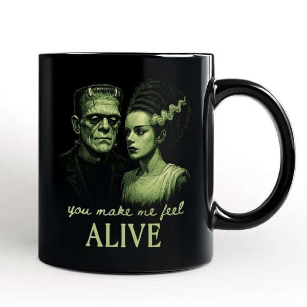 Frankenstein And Bride You Make Me Feel Alive Personalized Mug, Valentine Retro Horror Couples Love Gift with Custom Name Frankenstein And Bride You Make Me Feel Alive Personalized Mug, Valentine Retro Horror Couples Love Gift with Custom Name