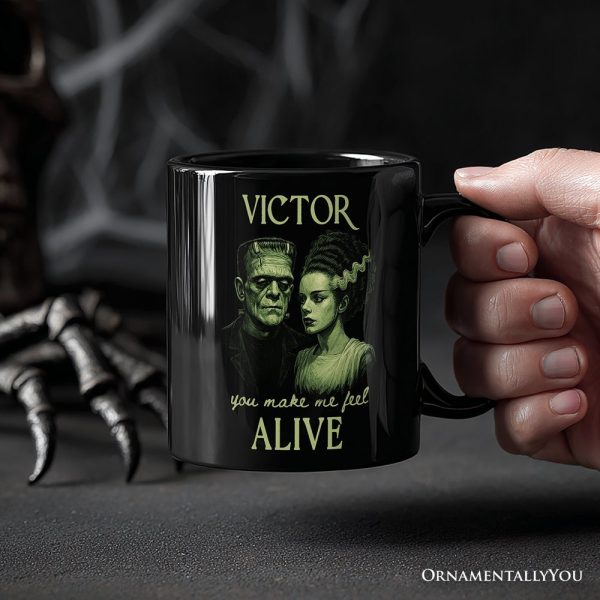 Frankenstein And Bride You Make Me Feel Alive Personalized Mug, Valentine Retro Horror Couples Love Gift with Custom Name Frankenstein And Bride You Make Me Feel Alive Personalized Mug, Valentine Retro Horror Couples Love Gift with Custom Name