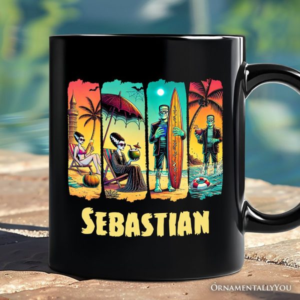 Frankenstein's Beach Vacation Personalized Mug, Retro Neon Summer Vibes Gift with Custom Name Frankenstein's Beach Vacation Personalized Mug, Retro Neon Summer Vibes Gift with Custom Name