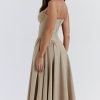 French Bustier Spaghetti Strap Drop Waist Fit & Flare Midi Sundress - Khaki