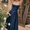 French Bustier Spaghetti Strap Drop Waist Fit & Flare Midi Sundress - Navy Blue