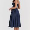 French Bustier Spaghetti Strap Drop Waist Fit & Flare Midi Sundress - Navy Blue