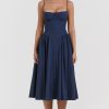 French Bustier Spaghetti Strap Drop Waist Fit & Flare Midi Sundress - Navy Blue