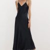 French Chic V Neck Spaghetti Strap Satin Slip Midi Dress - Black