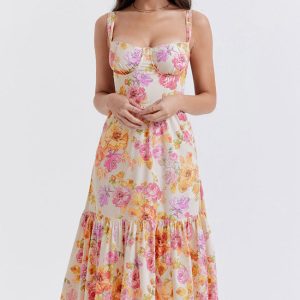 French Sweetheart Fit and Flare Ruffle Floral Printed Midi Sundress - Beige