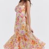French Sweetheart Fit and Flare Ruffle Floral Printed Midi Sundress - Beige