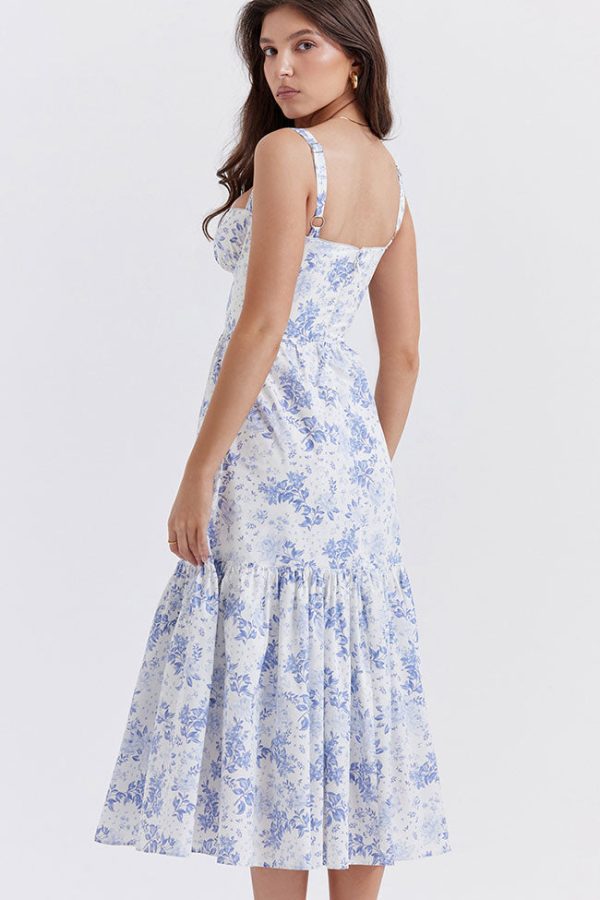 French Sweetheart Fit and Flare Ruffle Floral Printed Midi Sundress - Blue French Sweetheart Fit and Flare Ruffle Floral Printed Midi Sundress - Blue