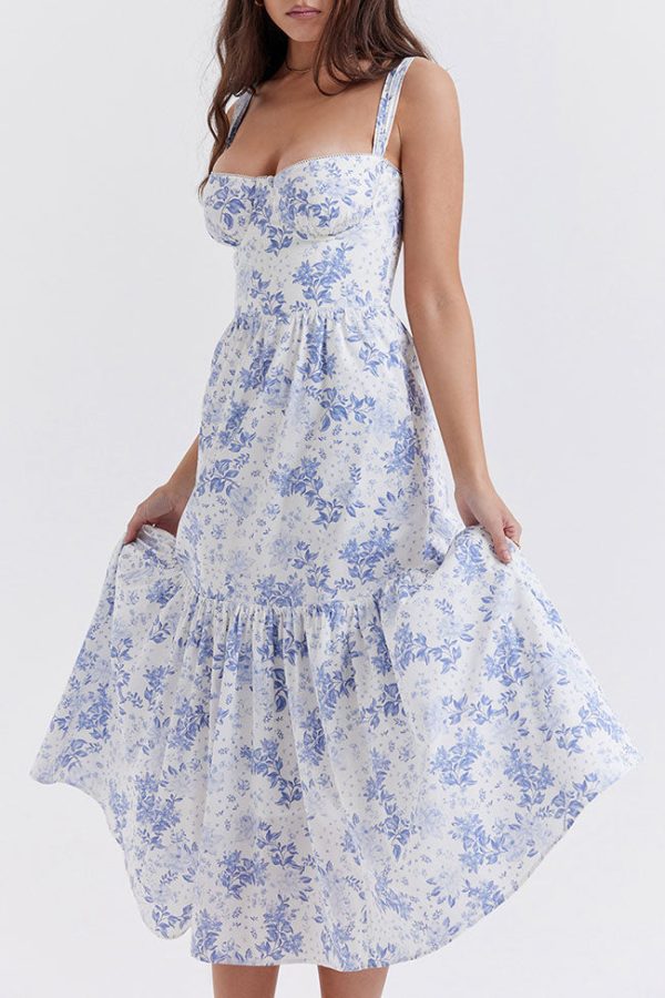 French Sweetheart Fit and Flare Ruffle Floral Printed Midi Sundress - Blue French Sweetheart Fit and Flare Ruffle Floral Printed Midi Sundress - Blue
