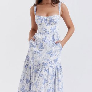 French Sweetheart Fit and Flare Ruffle Floral Printed Midi Sundress - Blue