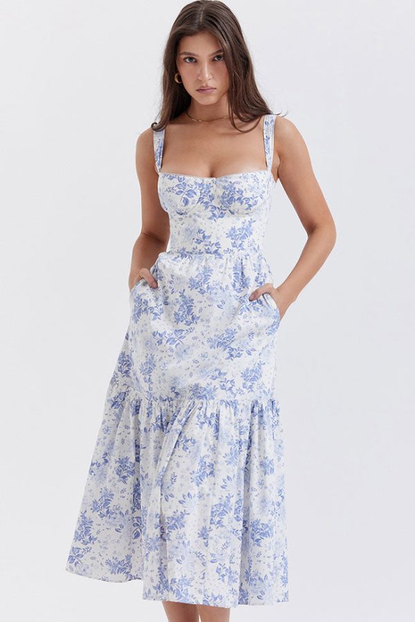 French Sweetheart Fit and Flare Ruffle Floral Printed Midi Sundress - Blue French Sweetheart Fit and Flare Ruffle Floral Printed Midi Sundress - Blue