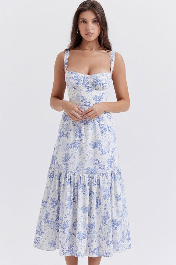 French Sweetheart Fit and Flare Ruffle Floral Printed Midi Sundress - Blue French Sweetheart Fit and Flare Ruffle Floral Printed Midi Sundress - Blue