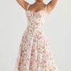 Fresh Bustier Tie Front Slit Floral Printed Midi Sundress - Pink
