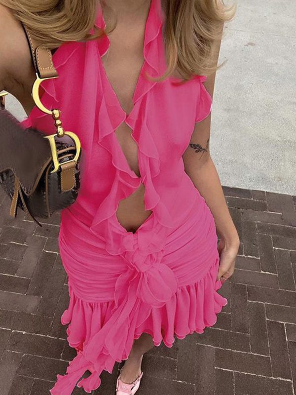 Frill Deep Neck Halter Mini Ruched Dress Frill Deep Neck Halter Mini Ruched Dress