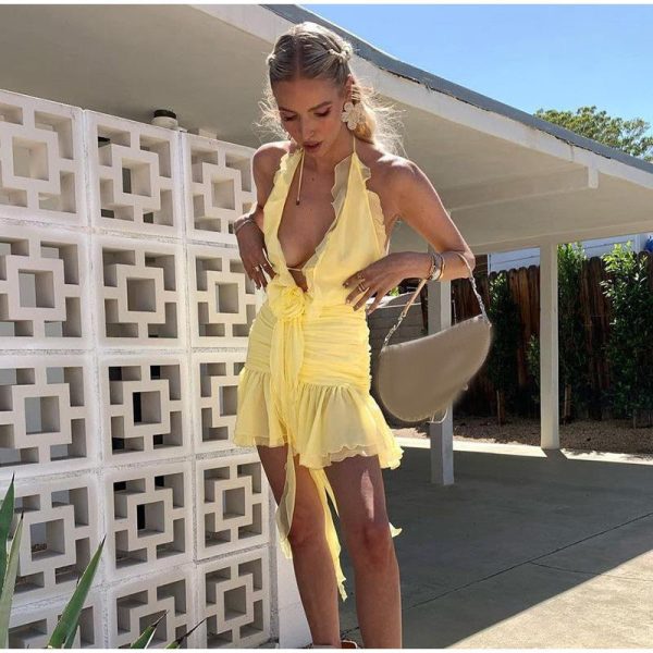 Frill Deep Neck Halter Mini Ruched Dress Frill Deep Neck Halter Mini Ruched Dress