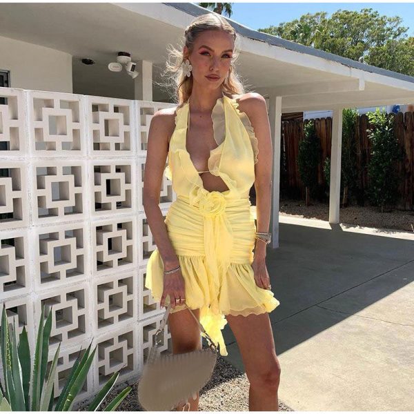 Frill Deep Neck Halter Mini Ruched Dress Frill Deep Neck Halter Mini Ruched Dress