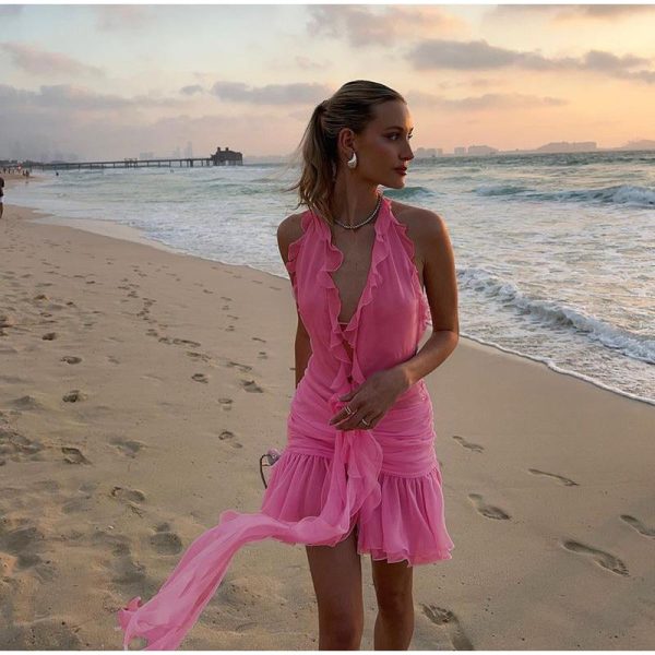 Frill Deep Neck Halter Mini Ruched Dress Frill Deep Neck Halter Mini Ruched Dress
